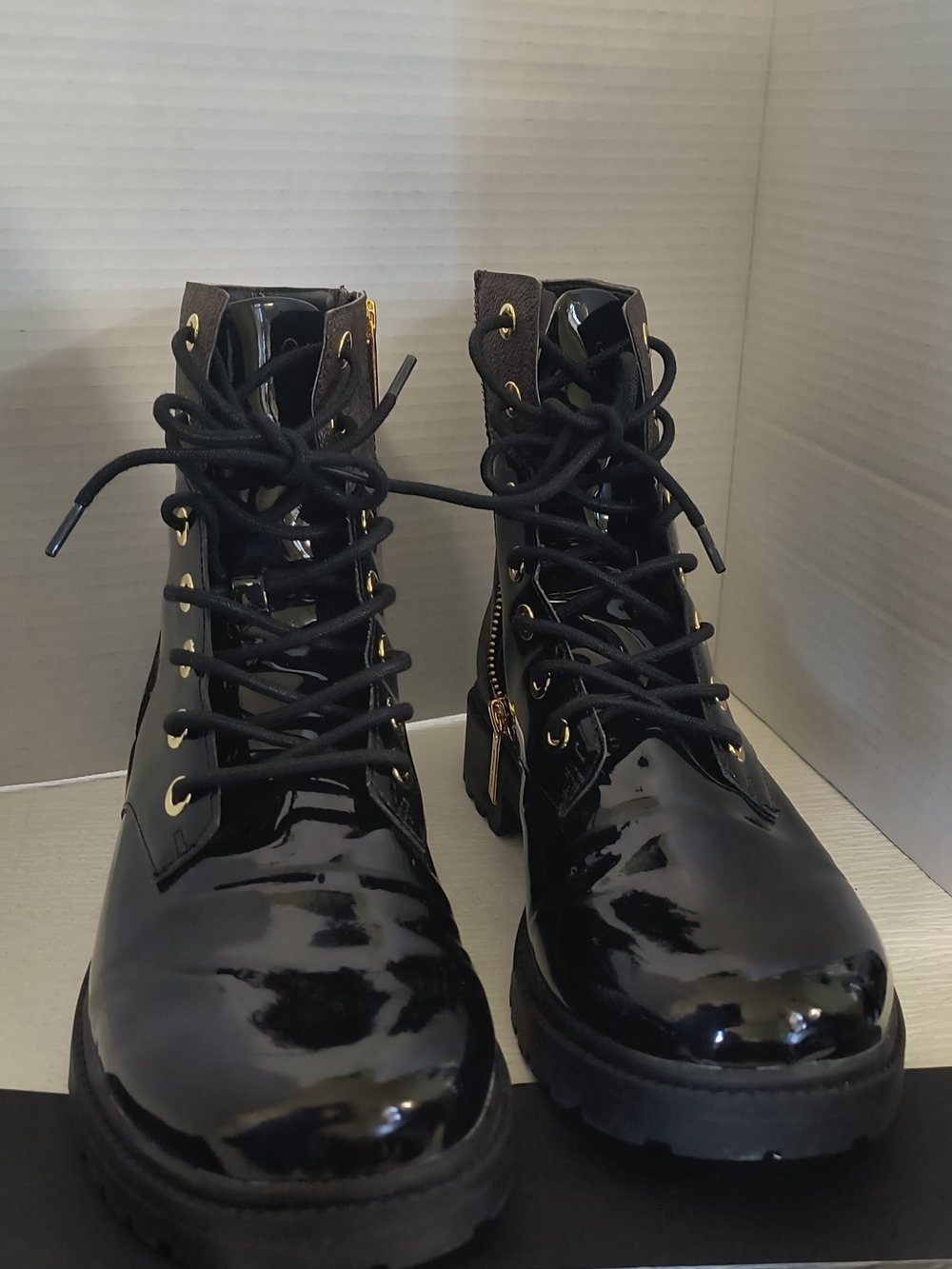 Michael Kors Black Patent Leather Lace-Up Combat Boots with Gold Hardware - Picture 3 of 7